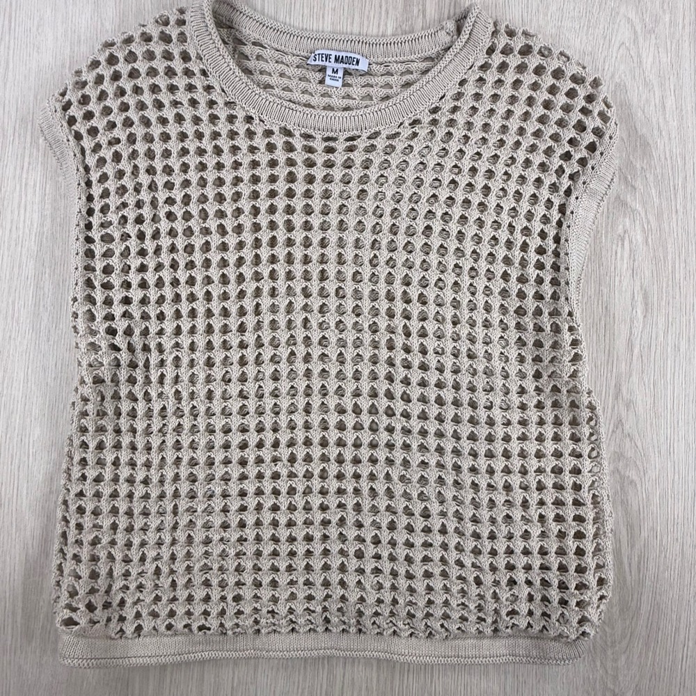 Beige Open Knit Sweater Top Steve Madden Fishnet Beachy Boho Layering Crochet